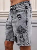 Men's Summer Denim Shorts. Straight-leg fit. Ripped design. Dark gray denim embroidered shorts - Image 5