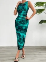 Women's 2024 Spring Summer New Fashionable Printed Round Neck Style Slimming Sleeveless Tight Dress With Split Bottom - Image 2