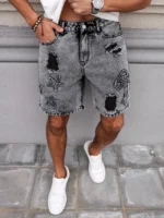 Men's Summer Denim Shorts. Straight-leg fit. Ripped design. Dark gray denim embroidered shorts - Image 3