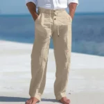 Men's Autumn Spring Cotton Pants Casual Breathable Cozy Trousers Button Drawstring Design Beach Style Vacation Long Pants - Image 3