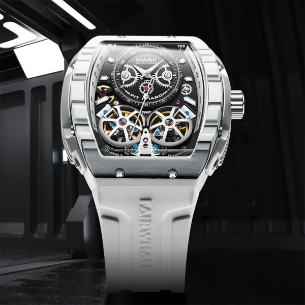 S2f1569fd8e494b8bbf54adccffdc67b8o.webp Mark Fairwhale Men Automatic Watch Luxury Carbon Fiber Bezel Tonneau Mechanical Wristwatch Luminous Skeleton Double Tourbillon - Image 1