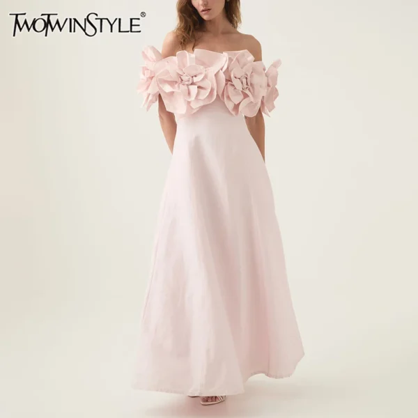 S3cb1a4ba1ca74bc3a0fe5fce0f5bd5edG.webp TWOTWINSTYLE Solid Fashion Midi Dresses for Women Slash Neck Sleeveless Patchwork 3D Flower Tunic Dress Female Autumn Clothing - Image 1