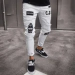 Mens Stretchy Ripped Skinny Embroidered Jeans Men's White Pants Destroyed Hole Slim Fit Denim High Quality Hip Hop Men trousers - Image 5