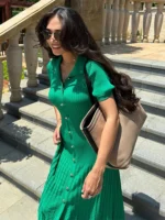 Elegant Knitted Dress Women Solid Single Breasted O Neck Short Sleeve High Waist Hip Package Dresses 2025 Autumn Chic Robes Lady - Image 5