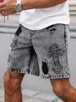 Men's Summer Denim Shorts. Straight-leg fit. Ripped design. Dark gray denim embroidered shorts - Image 6