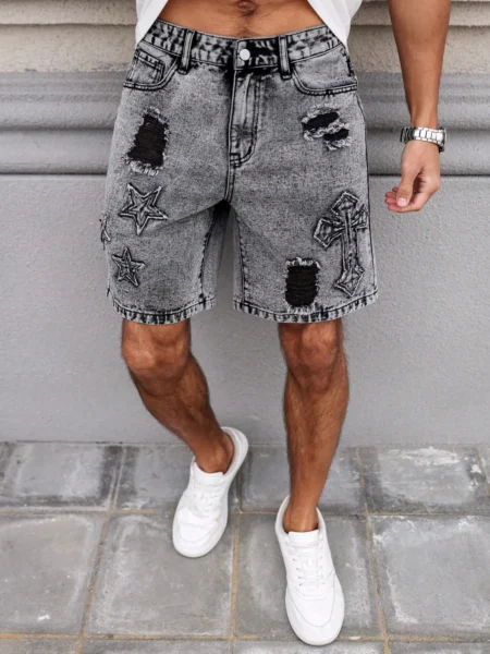 S53d3e3e58d2d4a00b1b40c1be3a44c53s.webp Men's Summer Denim Shorts. Straight-leg fit. Ripped design. Dark gray denim embroidered shorts - Image 1