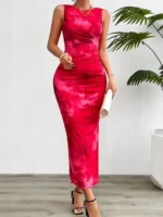 Women's 2024 Spring Summer New Fashionable Printed Round Neck Style Slimming Sleeveless Tight Dress With Split Bottom - Image 4