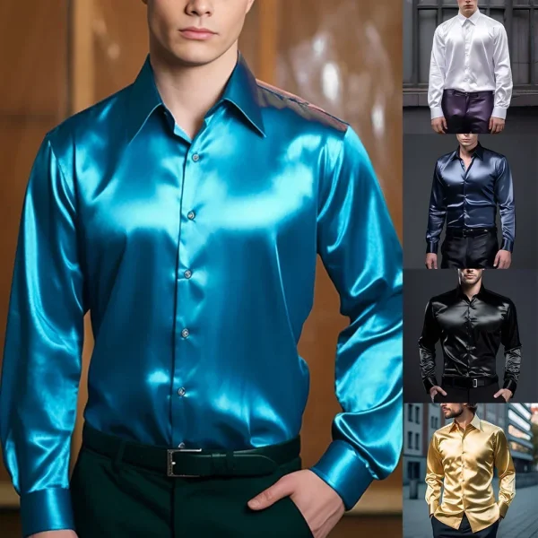 S61f311f72f5d468695fd19f2367329abc.webp Elegant Satin Silk Men's Dress Shirt Slim Fit Long Sleeve Cocktail Party Luxury Button Down Casual Suit Shirt - Image 1