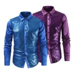 Lapel Men Shirt Men Long Sleeve Shirt Sequin Performance Shirt for Men with Turn-down Collar Long Sleeves Satin Club Party Stage - Image 5