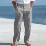 Men's Autumn Spring Cotton Pants Casual Breathable Cozy Trousers Button Drawstring Design Beach Style Vacation Long Pants - Image 7
