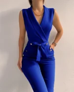 Women Casual V Neck Jumpsuits Button Lace Up Sleeveless Wide Leg Pants Streetwear Overalls Jumpsuit Women - Image 8