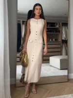 Elegant Knitted Long Dresses Women Summer O Neck Sleeveless Single Breasted Fake Pockets Bodycon Dress Fashion Office Lady Robes - Image 2