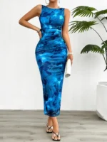 Women's 2024 Spring Summer New Fashionable Printed Round Neck Style Slimming Sleeveless Tight Dress With Split Bottom - Image 3