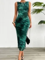 Women's 2024 Spring Summer New Fashionable Printed Round Neck Style Slimming Sleeveless Tight Dress With Split Bottom - Image 7