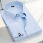 Men's French cufflink shirt loose version light blue white business formal men's shirt with pocket
