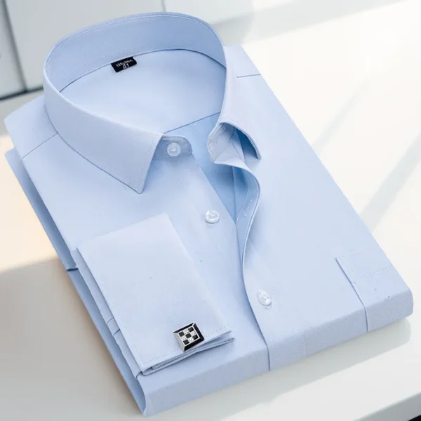 S94cc9ebe477e411999deaa71b8391526P.webp Men's French cufflink shirt loose version light blue white business formal men's shirt with pocket - Image 1