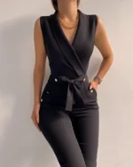 Women Casual V Neck Jumpsuits Button Lace Up Sleeveless Wide Leg Pants Streetwear Overalls Jumpsuit Women - Image 9