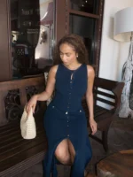 Elegant Knitted Long Dresses Women Summer O Neck Sleeveless Single Breasted Fake Pockets Bodycon Dress Fashion Office Lady Robes - Image 4