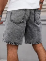 Men's Summer Denim Shorts. Straight-leg fit. Ripped design. Dark gray denim embroidered shorts - Image 2