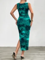 Women's 2024 Spring Summer New Fashionable Printed Round Neck Style Slimming Sleeveless Tight Dress With Split Bottom - Image 6