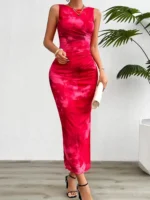 Women's 2024 Spring Summer New Fashionable Printed Round Neck Style Slimming Sleeveless Tight Dress With Split Bottom - Image 10