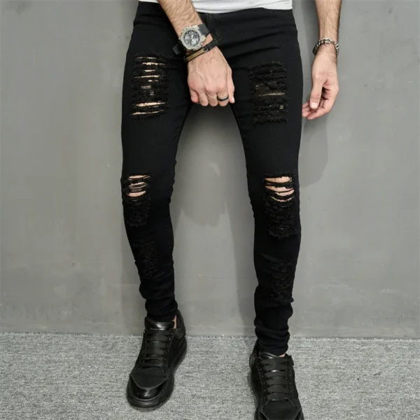 Sabcf07d6ecea4e6f87e33dbfeee67c14O.webp Men Jeans Ankle Length Hole Vintage Ripped Pencil Pants Denim Skinny Pockets Distressed Slim Moto Biker Solid Washed 2024 - Image 1