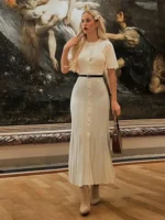 Elegant Knitted Dress Women Solid Single Breasted O Neck Short Sleeve High Waist Hip Package Dresses 2025 Autumn Chic Robes Lady - Image 2