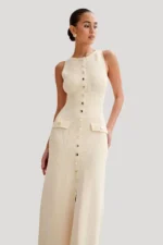 Elegant Knitted Long Dresses Women Summer O Neck Sleeveless Single Breasted Fake Pockets Bodycon Dress Fashion Office Lady Robes - Image 8