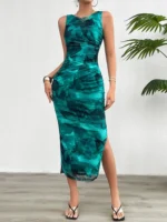 Women's 2024 Spring Summer New Fashionable Printed Round Neck Style Slimming Sleeveless Tight Dress With Split Bottom - Image 9