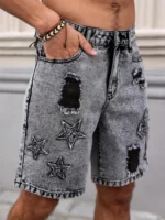 Men's Summer Denim Shorts. Straight-leg fit. Ripped design. Dark gray denim embroidered shorts - Image 4