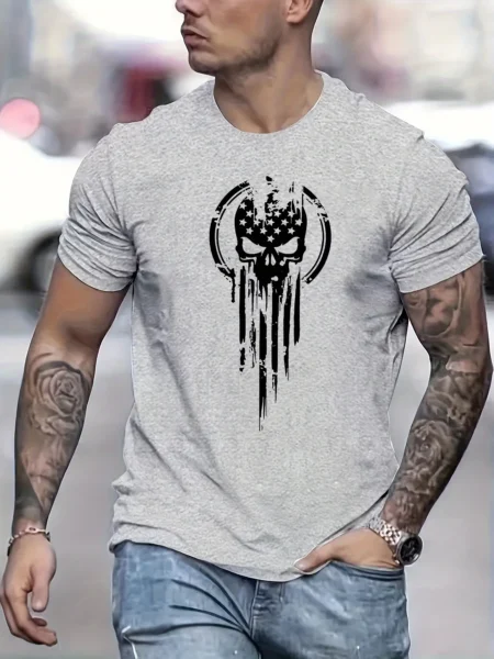 Sc24b73079c304ab5a43b1787461f381d2.webp Men's Summer Loose Size 100% Cotton Skull Print Casual Slim Fit Round Neck Short Sleeve T-shirt Top O-neck Pactwork Casual T - Image 1