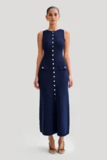 Elegant Knitted Long Dresses Women Summer O Neck Sleeveless Single Breasted Fake Pockets Bodycon Dress Fashion Office Lady Robes - Image 7