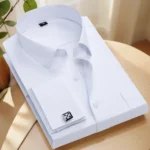 Men's French cufflink shirt loose version light blue white business formal men's shirt with pocket - Image 3