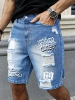 Men's summer blue ripped printed denim shorts. Trendy ripped design. Stylish text prints. - Image 6