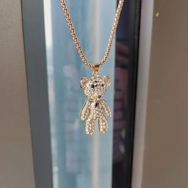 Sc49194b0641f45f8b9cb3b4b217e83dfw.webp Cute full diamond teddy bear necklace, long earth cool trendy brand sweater chain pendant, hip-hop personality necklace - Image 1
