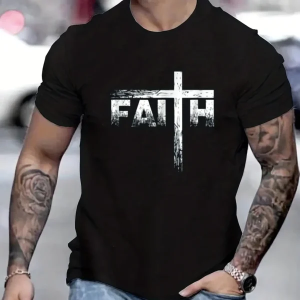 Sc5404437a66648bab8424549d2f92118o.webp Men's Summer 100% Cotton Faith Print Loose Large Casual Round Neck Short Sleeve T-shirt - Image 1