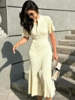 Elegant Knitted Dress Women Solid Single Breasted O Neck Short Sleeve High Waist Hip Package Dresses 2025 Autumn Chic Robes Lady - Image 3