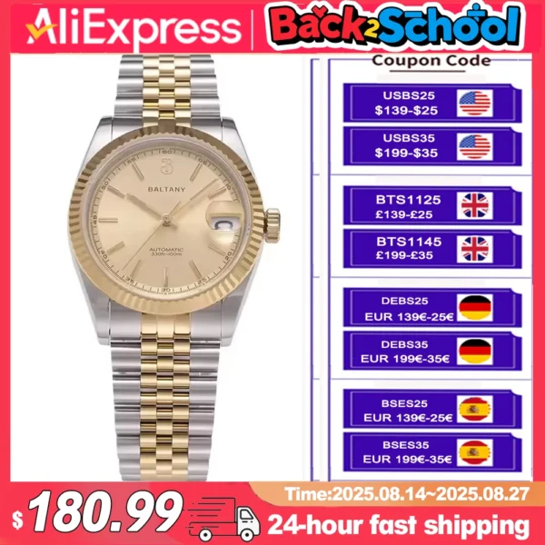 Sf10fc21051ae4e33ac751b6c6d4a1716Q.webp Baltany Retro 36mm Gold Watch Stainless Steel Brushed Sapphire NH35 Automatic Mechanical Wristwatch Men reloj hombre S4084 - Image 1