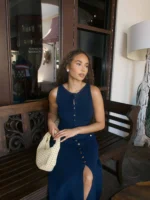 Elegant Knitted Long Dresses Women Summer O Neck Sleeveless Single Breasted Fake Pockets Bodycon Dress Fashion Office Lady Robes - Image 3