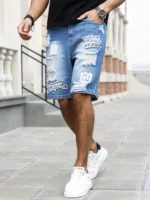 Men's summer blue ripped printed denim shorts. Trendy ripped design. Stylish text prints. - Image 5