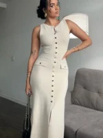 Elegant Knitted Long Dresses Women Summer O Neck Sleeveless Single Breasted Fake Pockets Bodycon Dress Fashion Office Lady Robes - Image 5