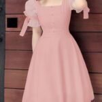 Women Elegant Patchwork Puff Short Sleeve Square Neck Front Buttons Decor Waist Swing Evening Party Dating Wedding Korean Style Baggy Lightweight Leisure Midi Dress - Image 2