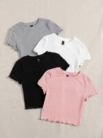 EZwear 4pcs Lettuce Trim Rib Knit Tee Multicolor - Image 5
