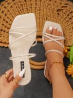 Fashionable Outdoor White Flat Women Slippers, Criss-Cross Minimalist Synthetic Leather Open Toe Slide Sandals,Boho Style,Spring Summer Outfits - Image 2