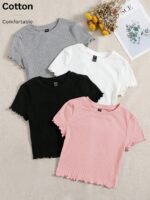 EZwear 4pcs Lettuce Trim Rib Knit Tee Multicolor - Image 6