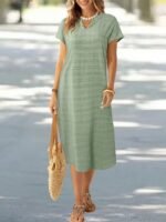 Summer Notch V-Neck Striped Floral Print Short-Sleeve Dress Casual Dresses For Women Midi Vertical Stripe Short Sleeve - Image 2