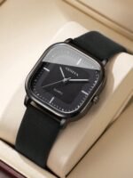 1pc Set Men's Fashion Casual Leather Belt & Minimalist Square Dial Classic Quartz Wristwatch Watch Not Included - Image 2