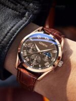 1pc Men's Business Three-Eye Roman Numeral Dial Quartz Leather Strap Watch, Suitable For Daily Wear, Birthday, Gift For Her, Anniversary, Singles' Day, Halloween Promotion, No Gift Box - Image 2