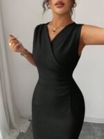 Elenzga Women's Elegant Fashion Commuter Casual Comfortable Charming Retro Romantic Vacation Sleeveless V-Neck Waist Gathered Bodycon Solid Color Dress - Image 2