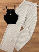 Women Striped Casual Waistband Vest And Pants Set, Suitable For Office And Garden, Spring/Summer Black Elegant - Image 2